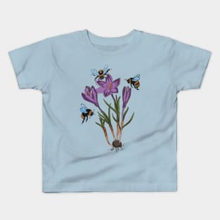 botanical illustration of crocus and bees Kids T-Shirt